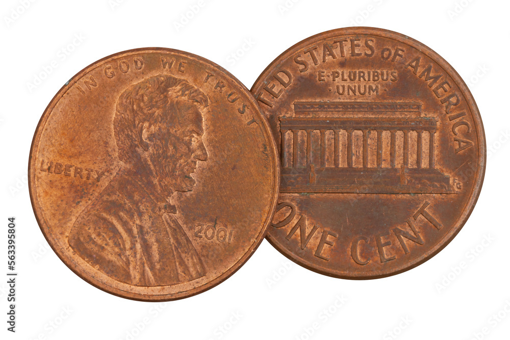 Close-up of two USA pennies isolated on white