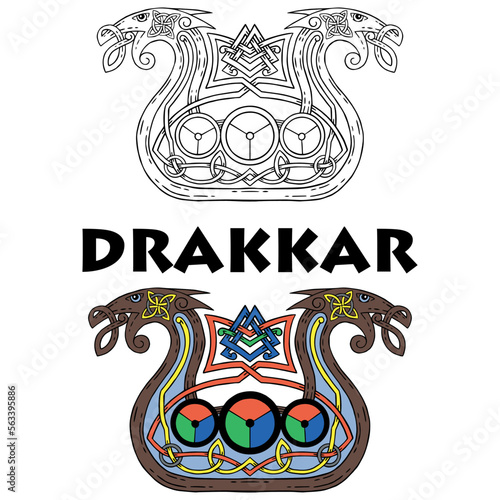 Viking Drakkar. Drakkar ship , vector illustration, isolated on black.