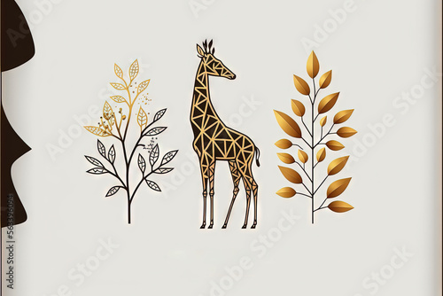  a giraffe standing next to a tree and a plant with leaves on it s sides and a brown border around it s edges  with a white background with a brown border. Generative AI