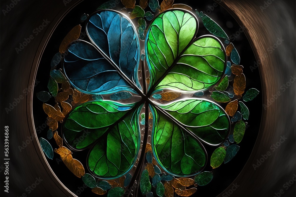 a stained glass window with a leaf design in the center of it, in a ...