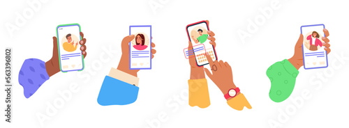 Set of hands holding smartphone flat vector Illustration. People use smartphones, surfing in social media. Boy and girl chatting, using navigation, watching video, liking photos, talking in Mobile App