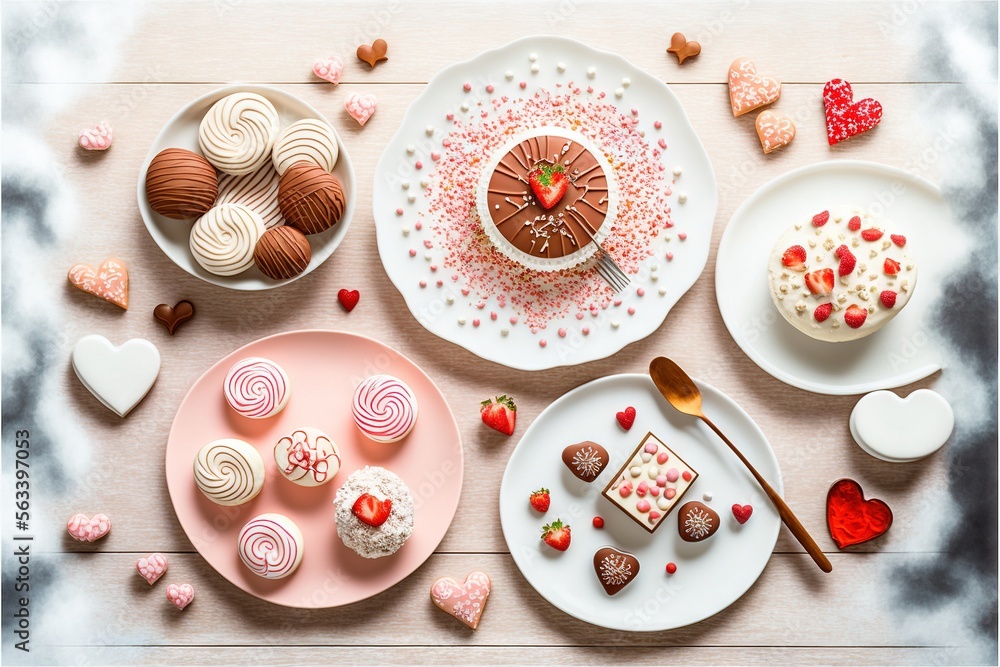 a table topped with plates of desserts and desserts on plates and a cup of coffee and a spoon and spoon on the table top of the plates are decorated with hearts and a. Generative AI a table topped with plates of desserts and desserts on plates and a cup of coffee and a spoon and spoon on the table top of the plates are decorated with hearts and a. Generative AI