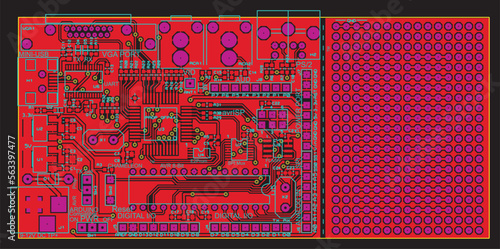 A printed circuit board of an electronic device with
components of radio elements, conductors and 
contact pads placed on it. Vector 
engineering drawing of a pcb.