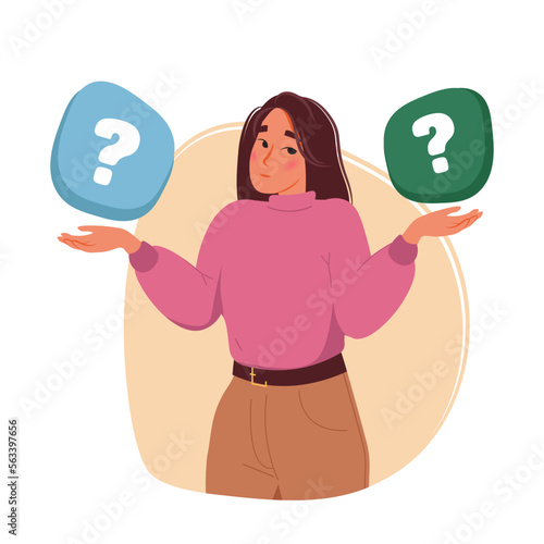 Puzzled confused person with concept questions. Business woman doubting, deciding, setting priorities. Make choice, decision. Employee thinking, analyzing two options flat vector isolated illustration