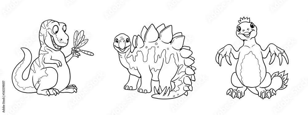 Cute dinosaurs T-rex, stegosaurus and therizinosaurus for coloring. Template for a coloring book with funny dinosaur. Coloring page for kids. Cute dinosaurs T-rex, stegosaurus and therizinosaurus for coloring. Template for a coloring book with funny dinosaur. Coloring page for kids.