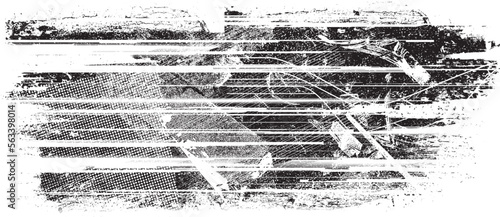 Glitch distorted grunge layer with a textures, lines, halftone dots, brush strokes, stripes, spots . Trendy defect  shapes . Overlay grunge texture . Distressed effect .Vector screen print texture.