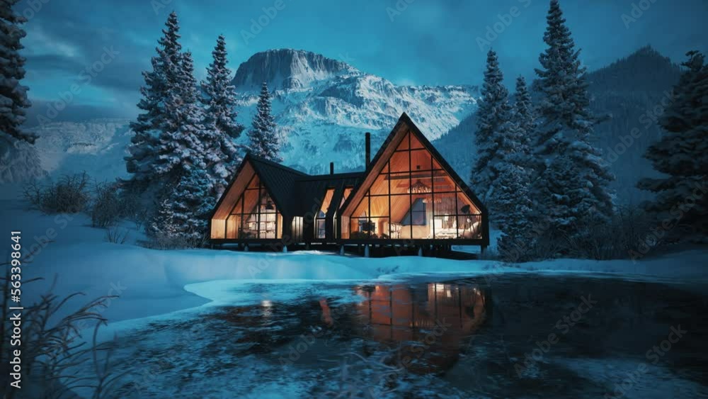 Winter cottage in the forest. Dusk lanscape with winter cottage. Winter lanscape with hotel. Lonely house in the winter forest. Cozy private house in the mountains. 3d visualization
