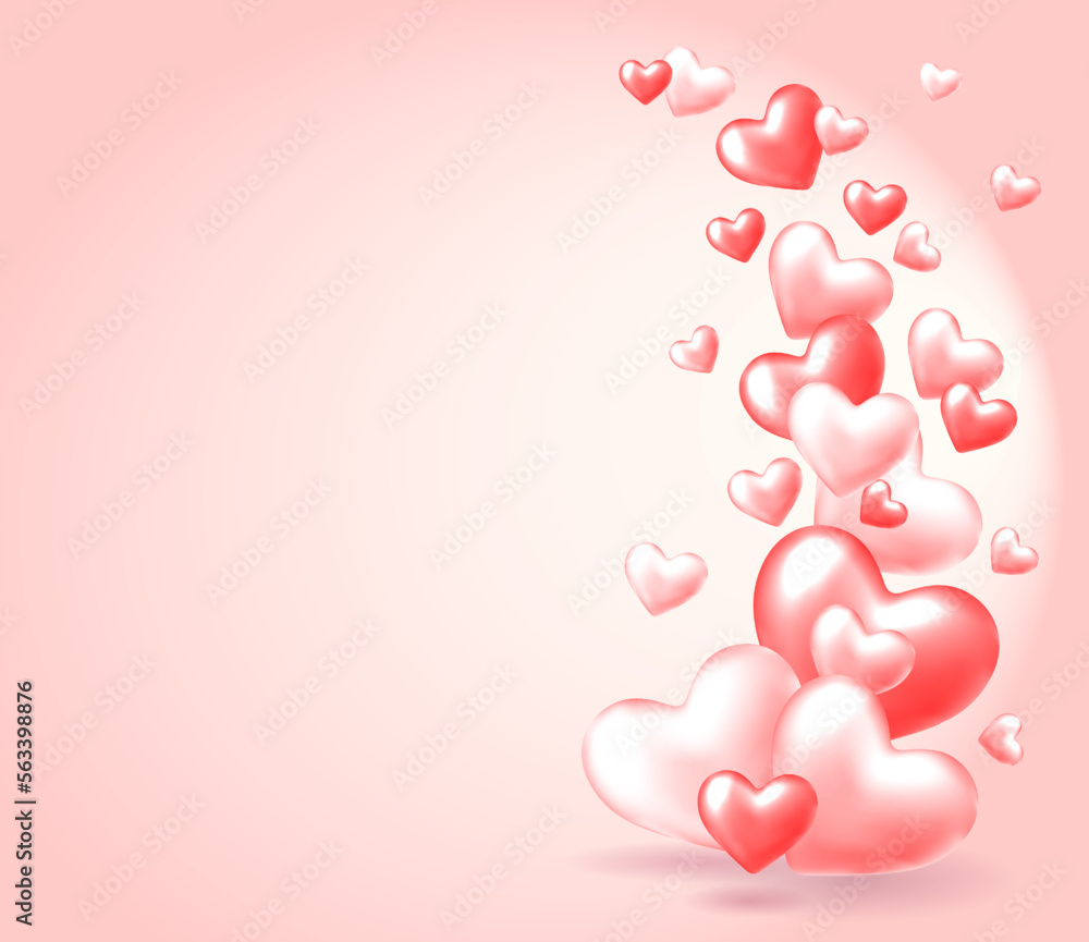 Happy Valentine's Day banner with red and pink hearts on light pastel background. Romantic design template. Vector illustration for shoping sale, web banner, flyer, poster, greeting card, invitation. 