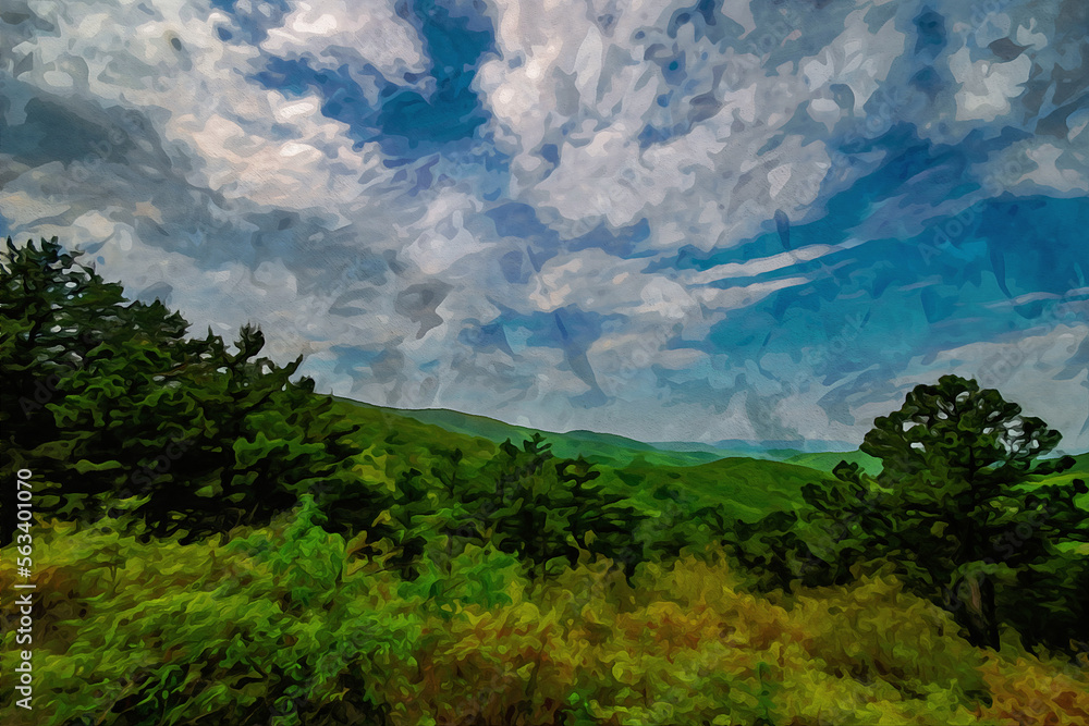 Digitally created watercolor painting of view of mountain top vista in Shenandoah National Park on Skyline Drive