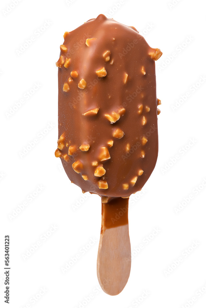 Ice cream in a glaze of milk chocolate and nuts on a wooden stick. Isolate on a white background Ice cream in a glaze of milk chocolate and nuts on a wooden stick. Isolate on a white background
