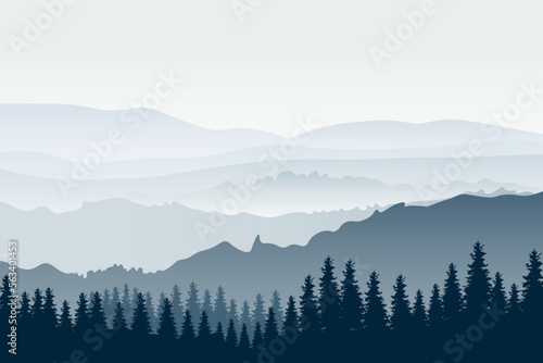 Horizontal mountain landscape with trees. Panoramic view of ridges and forest in fog  vector illustration.