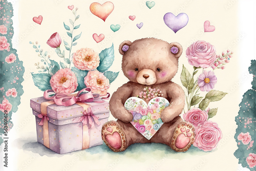 Teddy bear sitting holding a heart, flowers, presents Valentines day ...