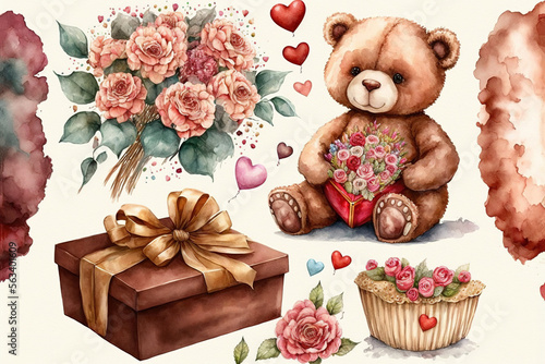 Teddy bear sitting holding a heart, flowers, presents Valentines day watercolor, Generative AI