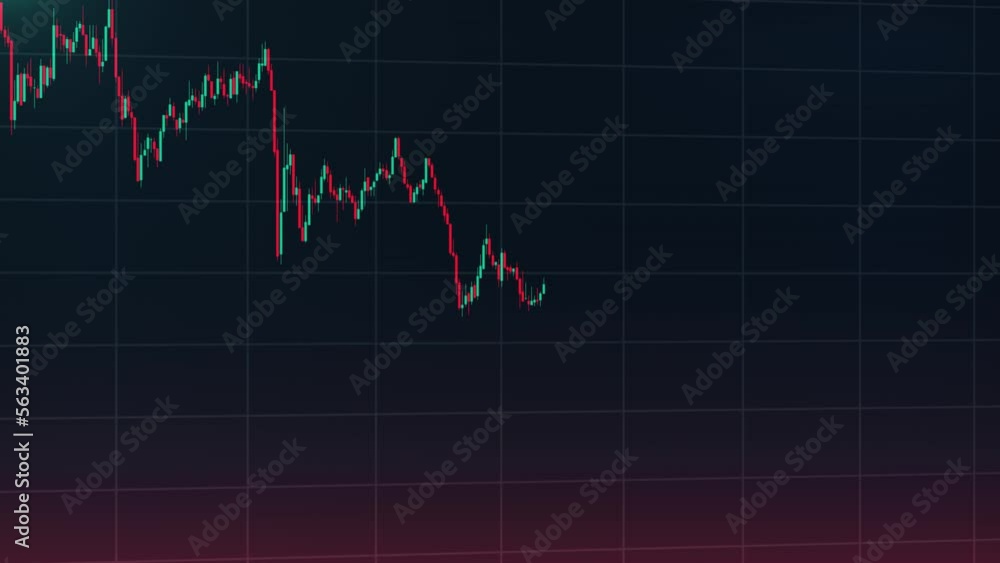 A dynamic candlestick chart on a computer screen showing cryptocurrency or stock market in a downward financial trend. A dynamic candlestick chart on a computer screen showing cryptocurrency or stock market in a downward financial trend.