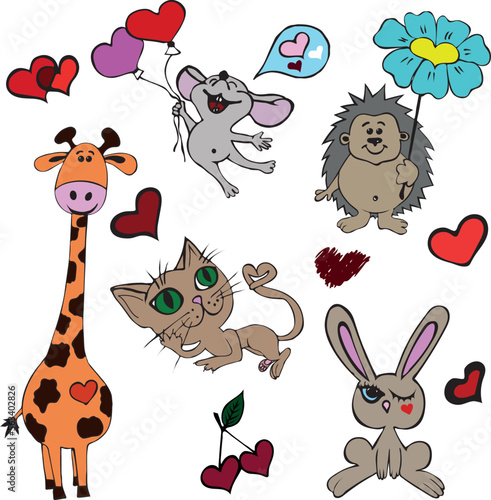 Love Animals Doddle Colorful Set. Vector Illustration.
