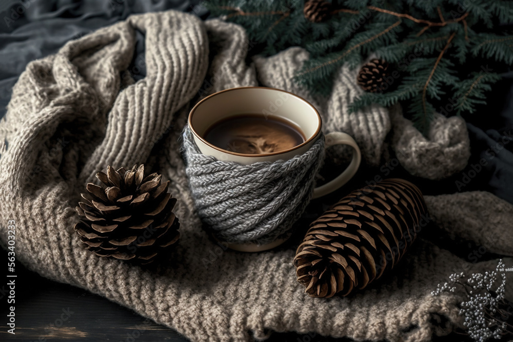 Winter cozy composition coffee cup warm knitted scarf and christmas tree twigs. Generative AI