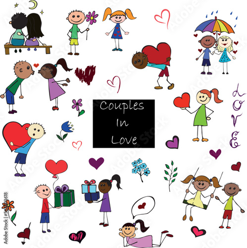 Love Couple Colorful Set. Vector Hand Drawn Illustration.