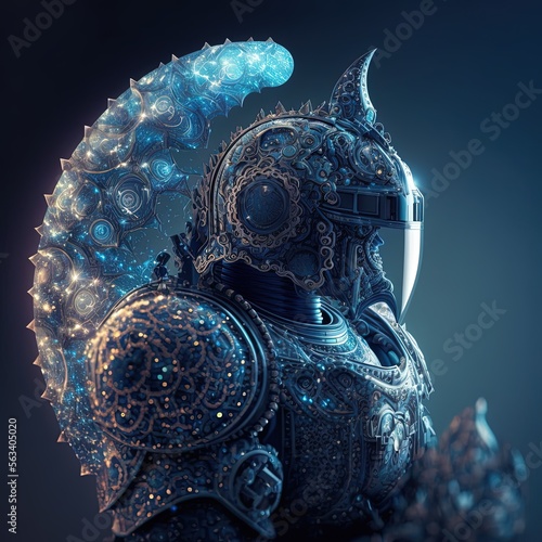 Mystical medieval knight armor with shiny stones and all decorated. Generative AI