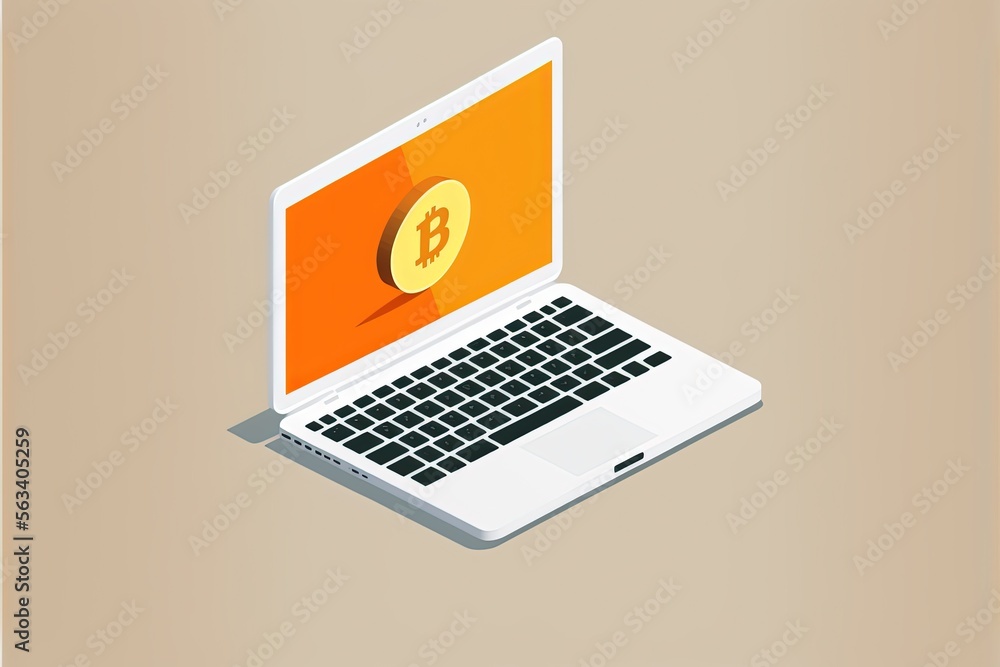 Bitcoin coin on laptop screen, with white background. AI digital illustration Bitcoin coin on laptop screen, with white background. AI digital illustration