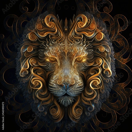 Mystic lion face with magnificent and beautiful shapes and patterns. AI digital illustration