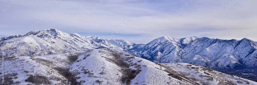 Lone Peak from Mack Hill Sensei hiking trail mountain views by Lone Peak Wilderness, Wasatch Rocky Mountains, Utah. USA.