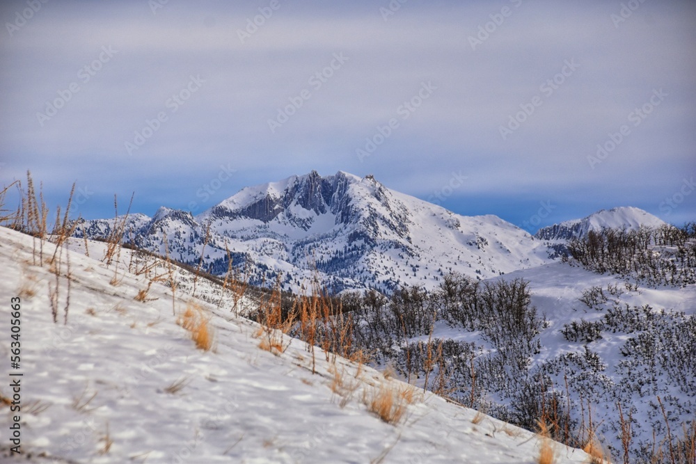 Lone Peak from Mack Hill Sensei hiking trail mountain views by Lone Peak Wilderness, Wasatch Rocky Mountains, Utah. USA.