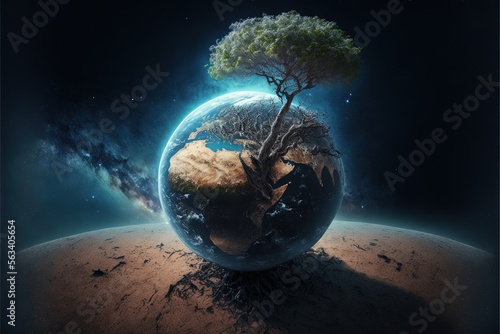 Fototapeta Naklejka Na Ścianę i Meble -  Illustration of planet Earth with a giant tree, seen from space. Generative AI