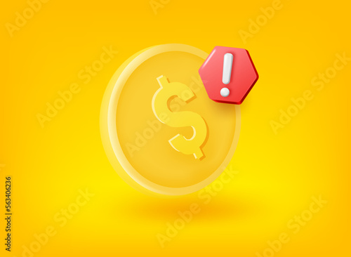 Golden dollar coin with exclamation point. Vector 3d illustration photo