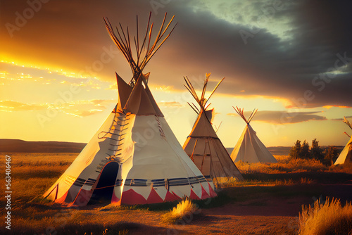 Indigenous first nation tipis on the great plains of north america; generative AI