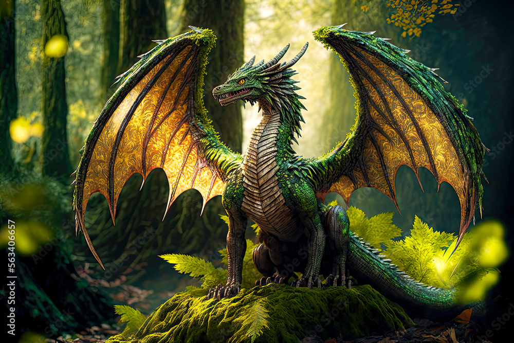 Poster Forest dragon with wings sitting on stone in green woods Wall Poster Forest dragon with wings sitting on stone in green woods Wall