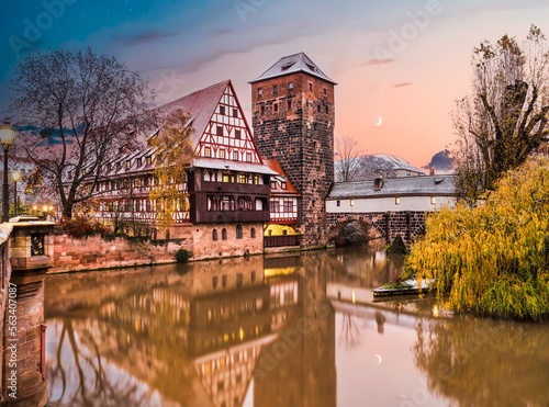 the Weinstadl, wasserturm water tower on the River Pegnitz, Nuremberg, Germany