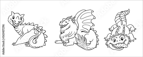 Cute dragons for coloring. Vector template for a coloring book with funny dragon. Coloring template for kids.	