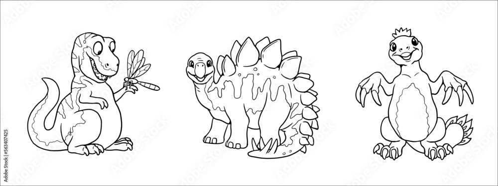 Cute dinosaurs T-rex, stegosaurus and therizinosaurus for coloring. Vector template for a coloring book with funny dinosaur. Coloring template for kids.