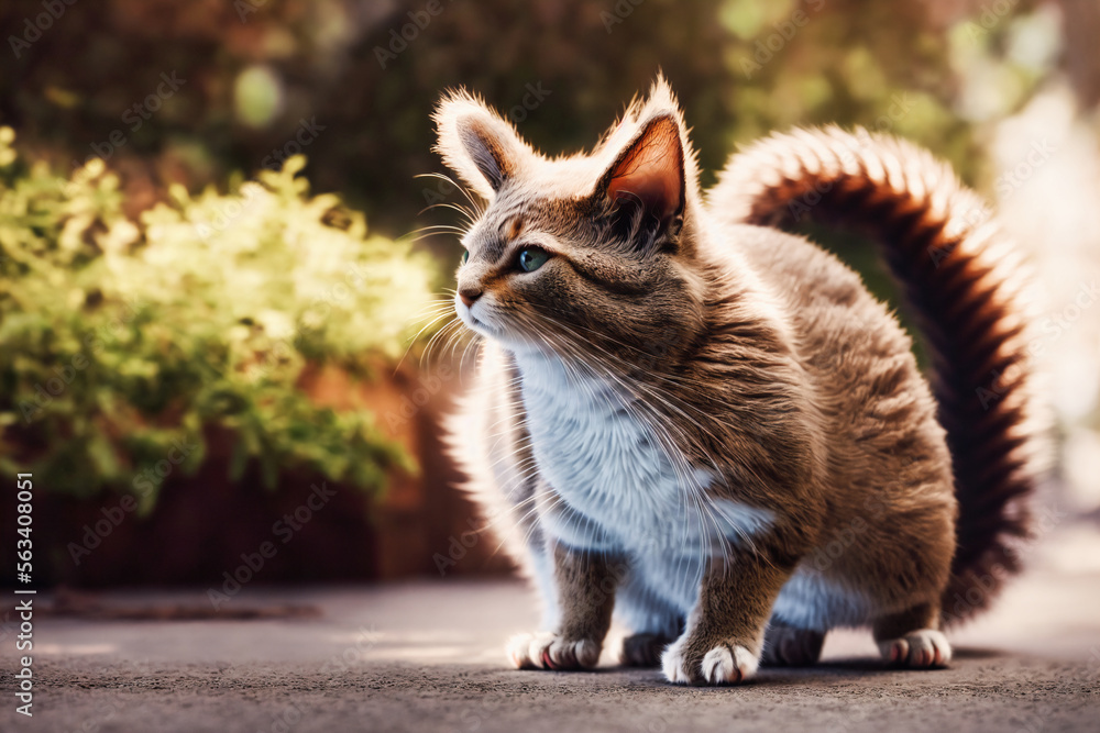 Obraz premium abstract hybrid animal a cat squirrel mix staying on dirty road, generative AI