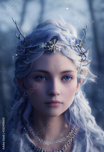 Contemplative Snow Queen in a Winter Clearing. [Fantasy / Historic / Horror Character Portrait. Generative AI. Graphic Novel, Video Game, Anime, Comic Book, or Manga Illustration.]
