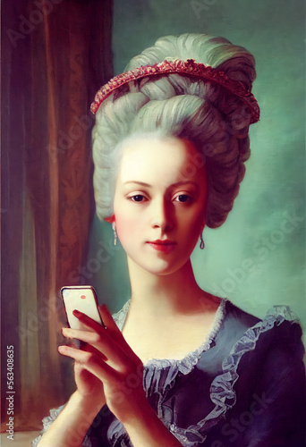 Slika na platnu 17th Century Restoration Era French Noblewoman Looking at Her Cell Phone