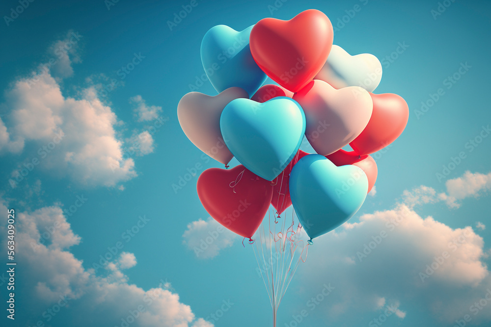 Heart Shaped Balloons In Sky - Generative Ai