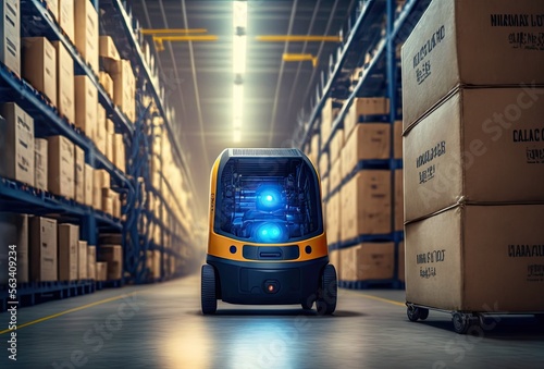 High-tech robot transporting goods in a warehouse, storage, generative ai