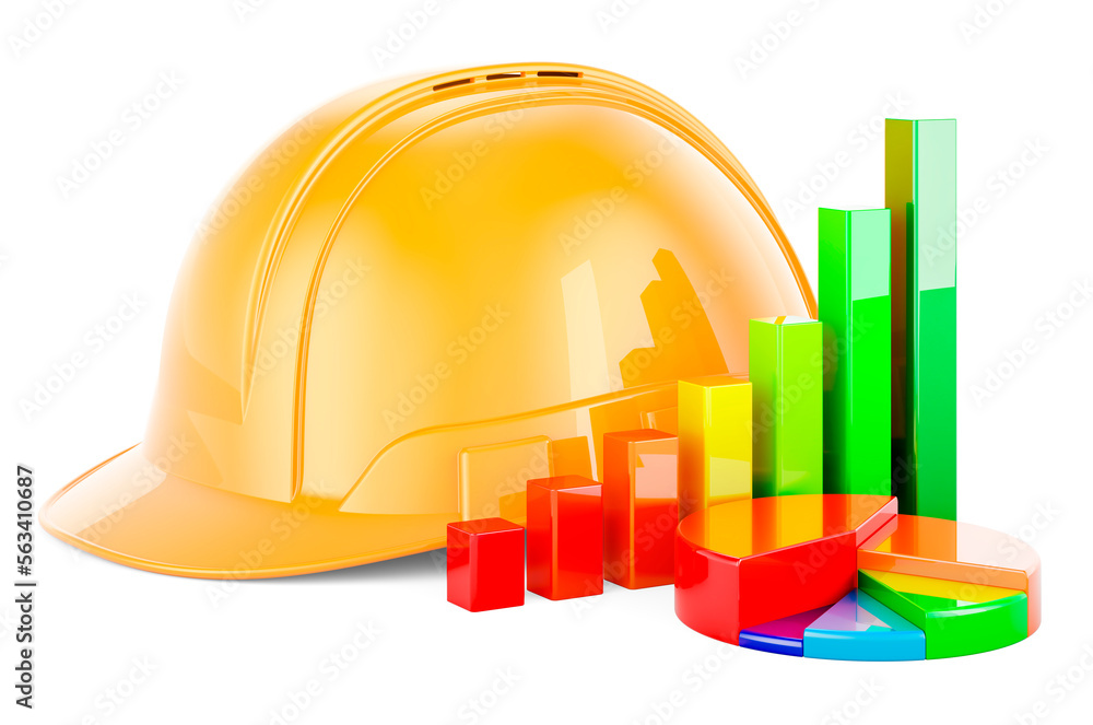 Construction Orange Hard Hat with growth bar graph and pie chart. 3D rendering Construction Orange Hard Hat with growth bar graph and pie chart. 3D rendering