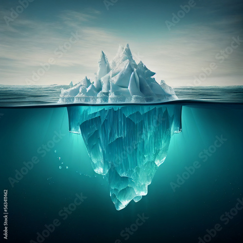 Global warming concept background with big iceberg floating in water 3D Illustration