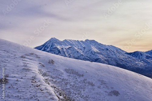 Timpanogos Peak snow covered mountain views from Maack Hill hiking Lone Peak Wilderness Wasatch Rocky Mountains, Utah. United States.   © Jeremy