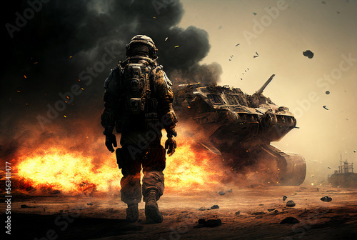 Soldier surrounded by war. Battlefield concept background 3D Illustration