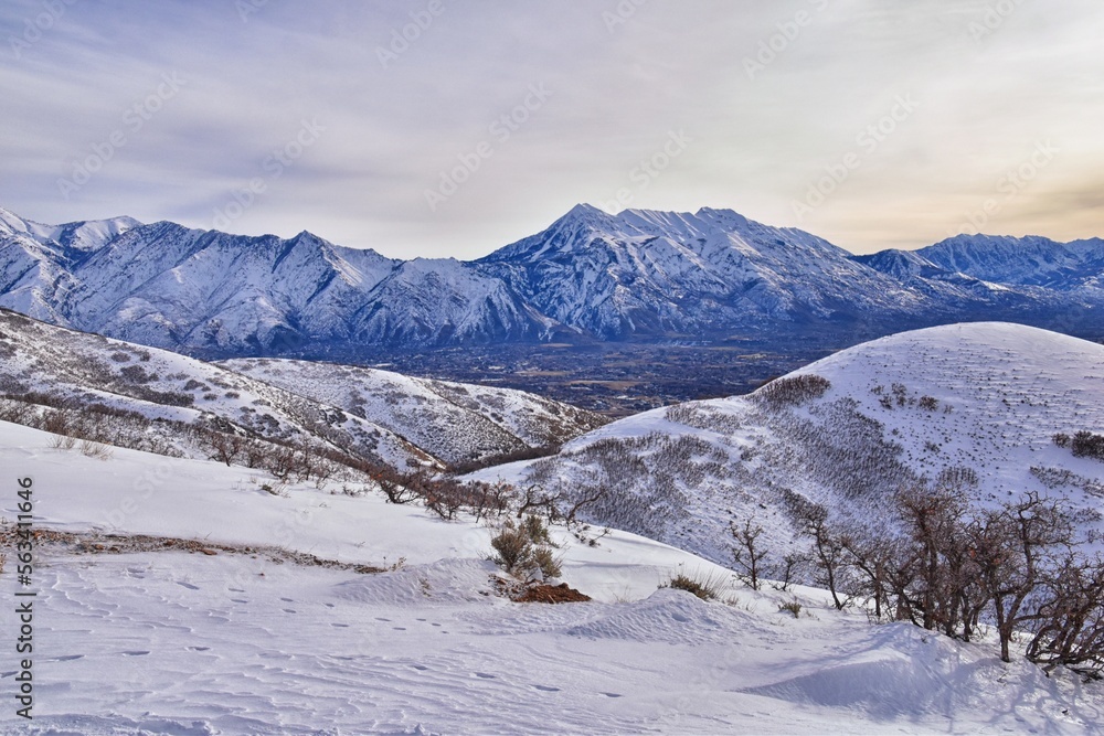Timpanogos Peak snow covered mountain views from Maack Hill hiking Lone Peak Wilderness Wasatch Rocky Mountains, Utah. United States.  