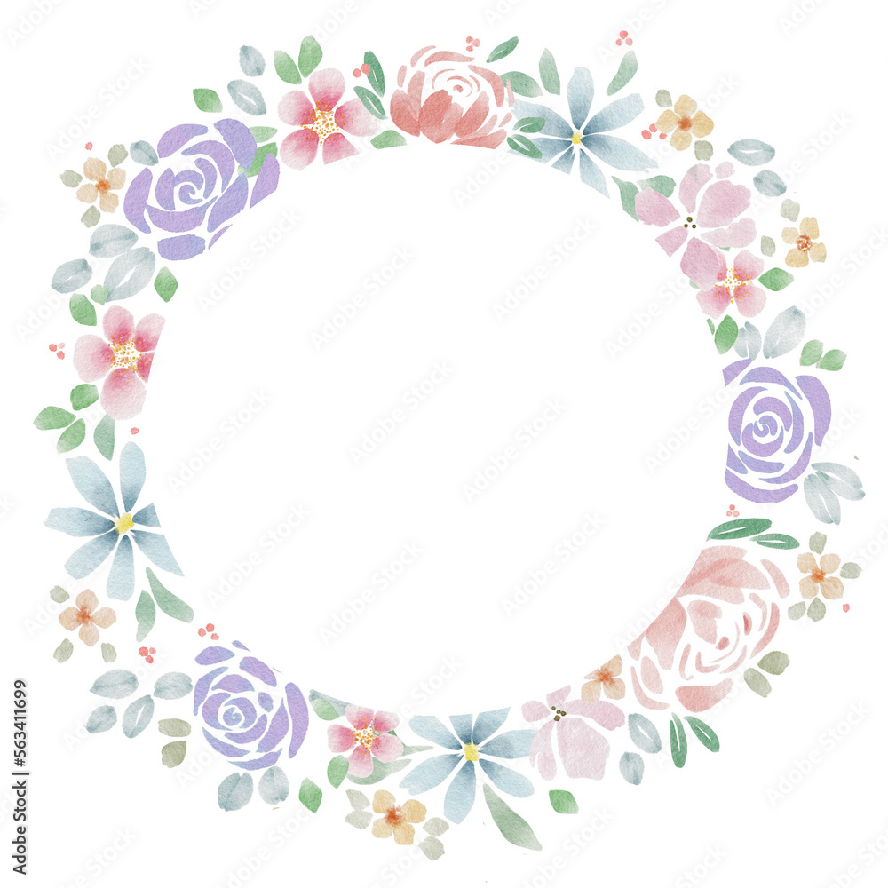 Watercolor round frame with summer flowers. Pastel floral circle board.  Wedding template for holiday cards, banners, decor.