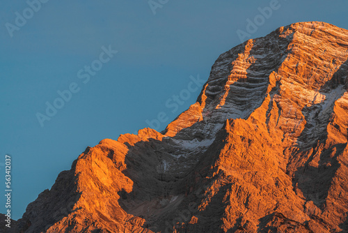 Close up view of the Dolomite mountain peak at sunset  Dolomite Alps in Italy