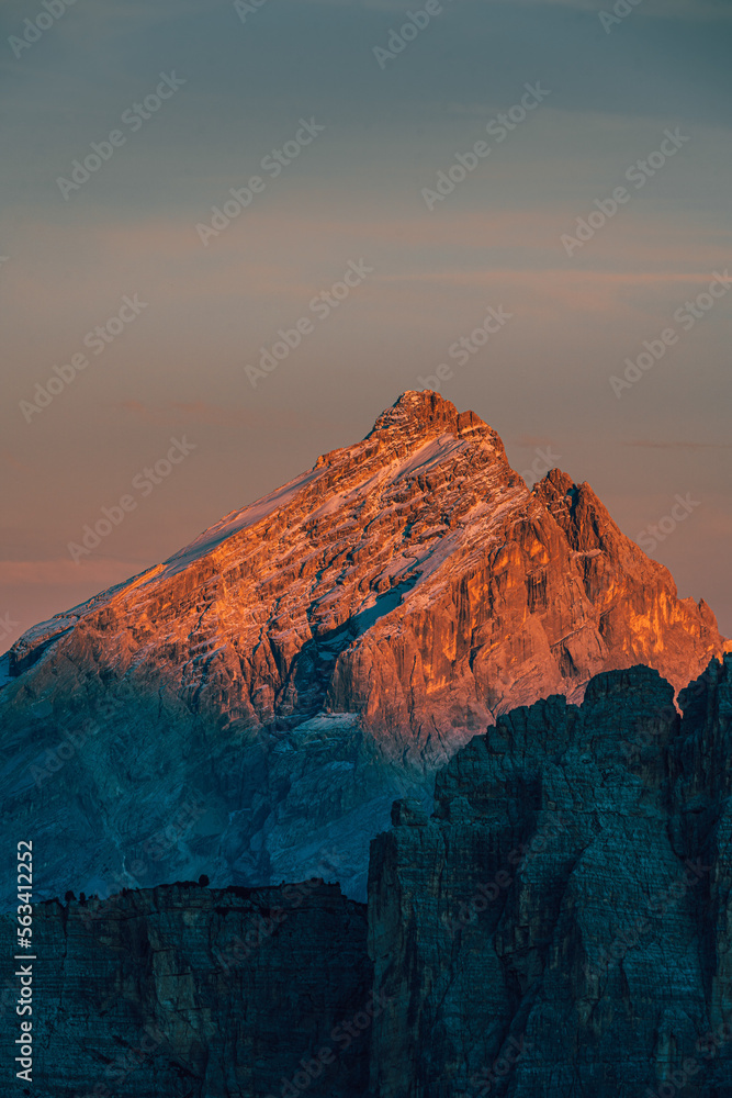 Close up view of the Dolomite mountain peak at sunset, Dolomite Alps in Italy