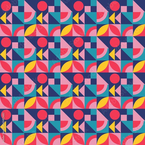 Geometric shapes in the Bauhaus style. Seamless pattern. Colorful shapes - circles, triangles and squares. Vector illustration in modern style. Creative cover for magazine, posters, social networks
