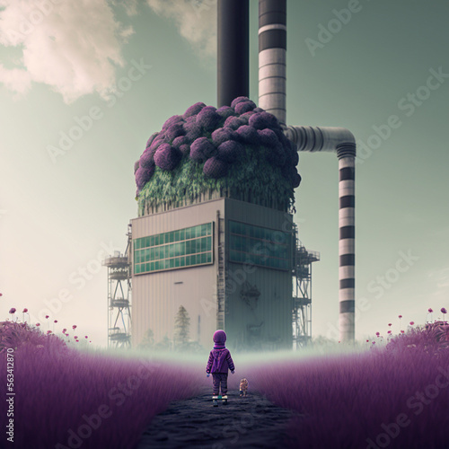 child next to the factory that regenerates the environment on the planet  photo