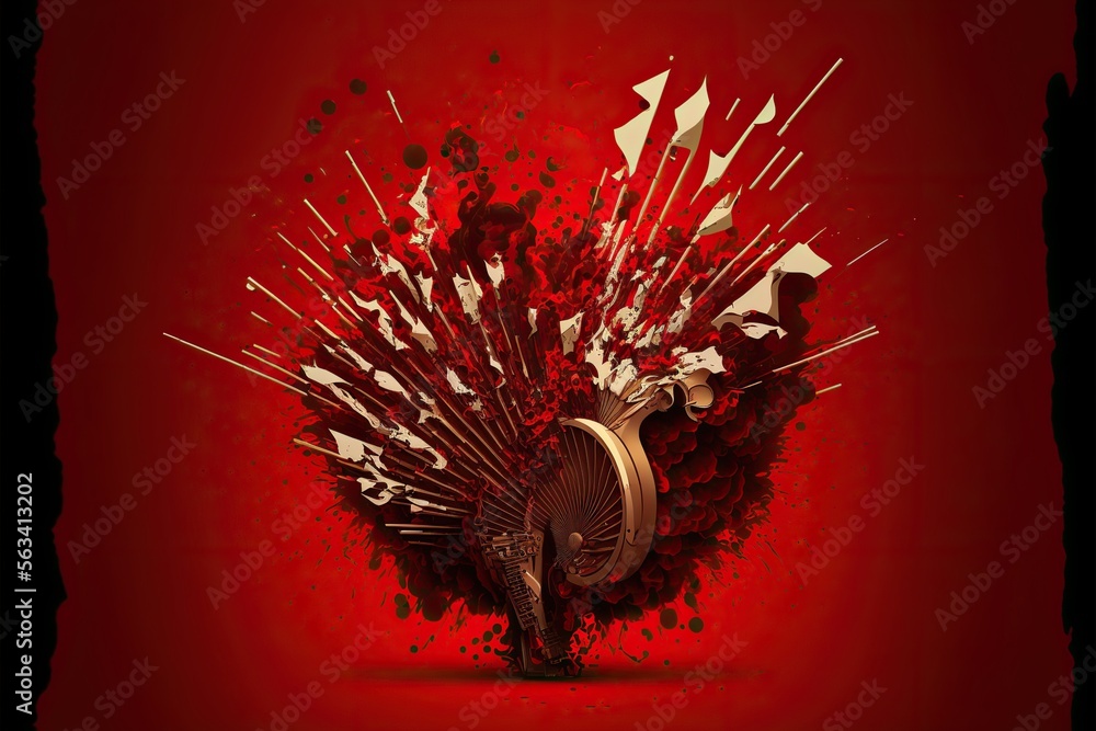 Exploding symphonic musical instruments on a red back, created with ...