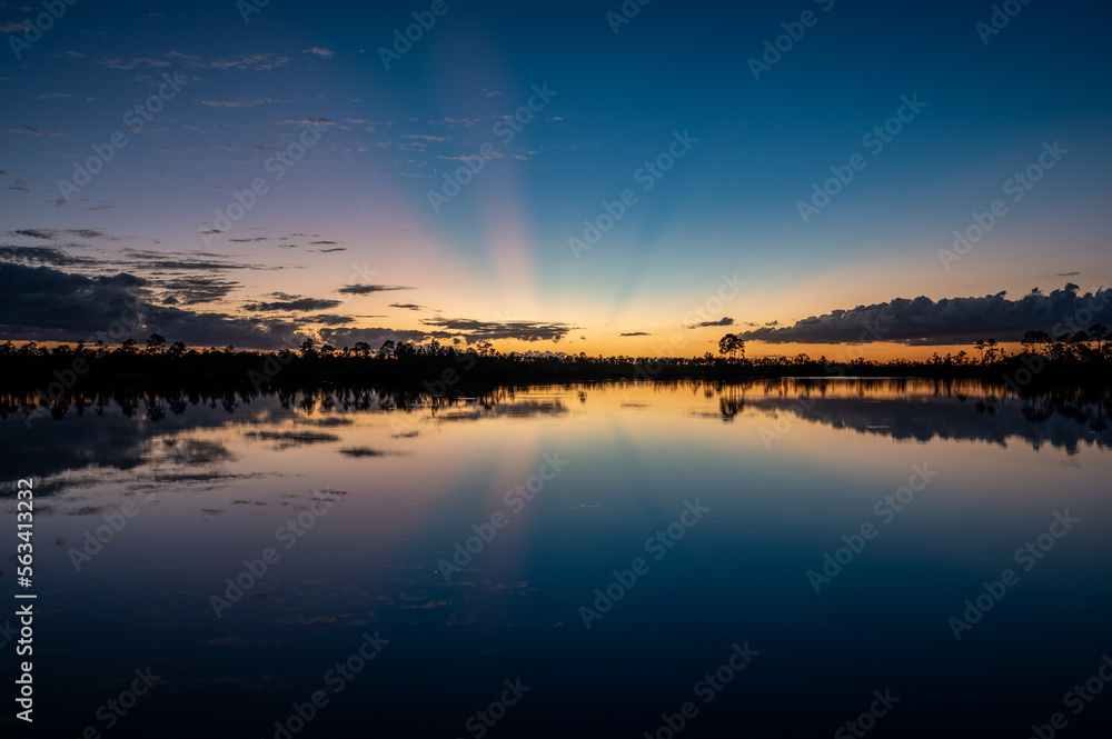 Fototapeta premium Colorful twilight sun rays over and reflected in Pine Glades Lake in Everglades National Park, Florida..